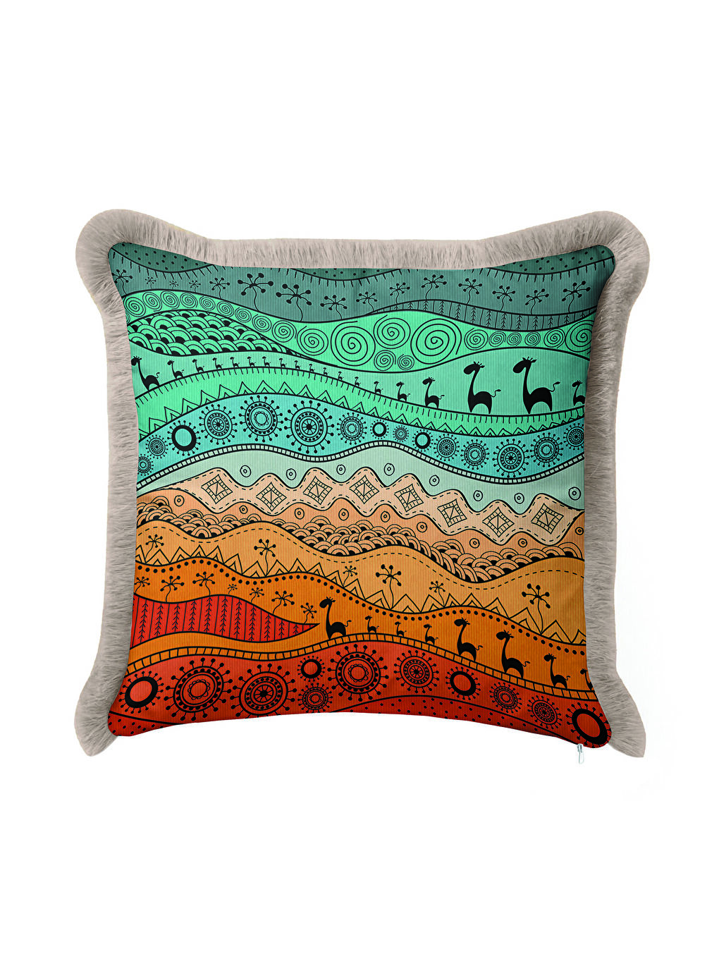 Karışık Etnik Afrika Motifli Saçaklı Yastık Kılıfı - Tribal Bohem Turuncu Yeşil Gri Püsküllü Kırlent Kılıfı-4