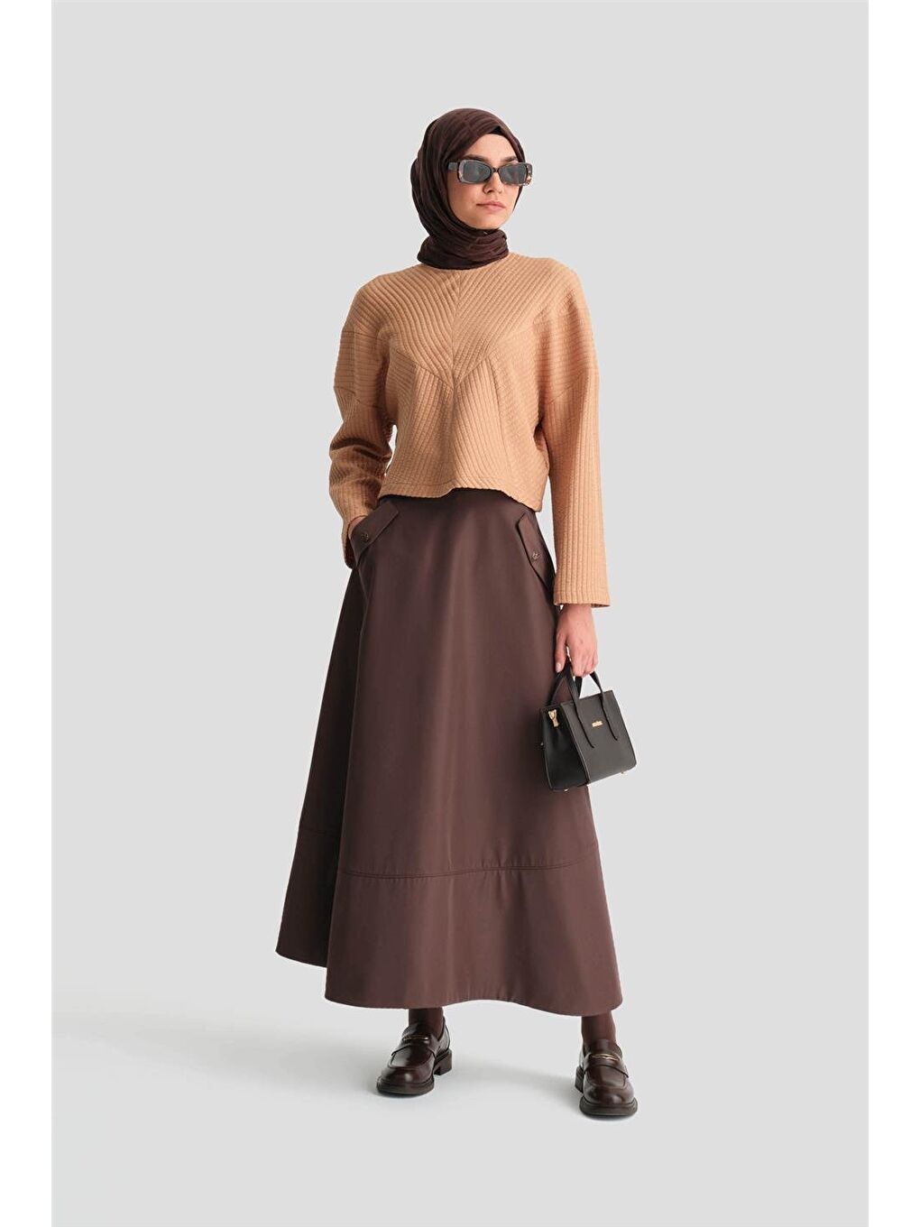 Kahverengi Örme Çizgi Efektli Kazak 24K3616 Camel-1