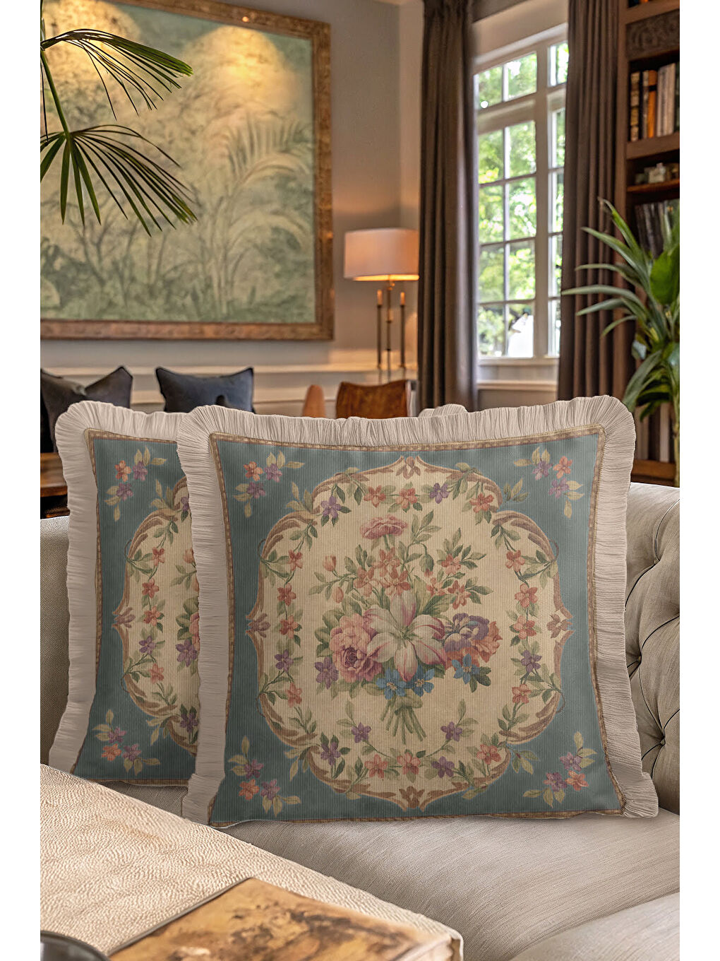 Karışık Fransız Saray Stil Saçaklı Yastık Kılıf - Vintage Çiçekli Nostaljik Bej Mavi Püsküllü Kırlent Kılıfı-7