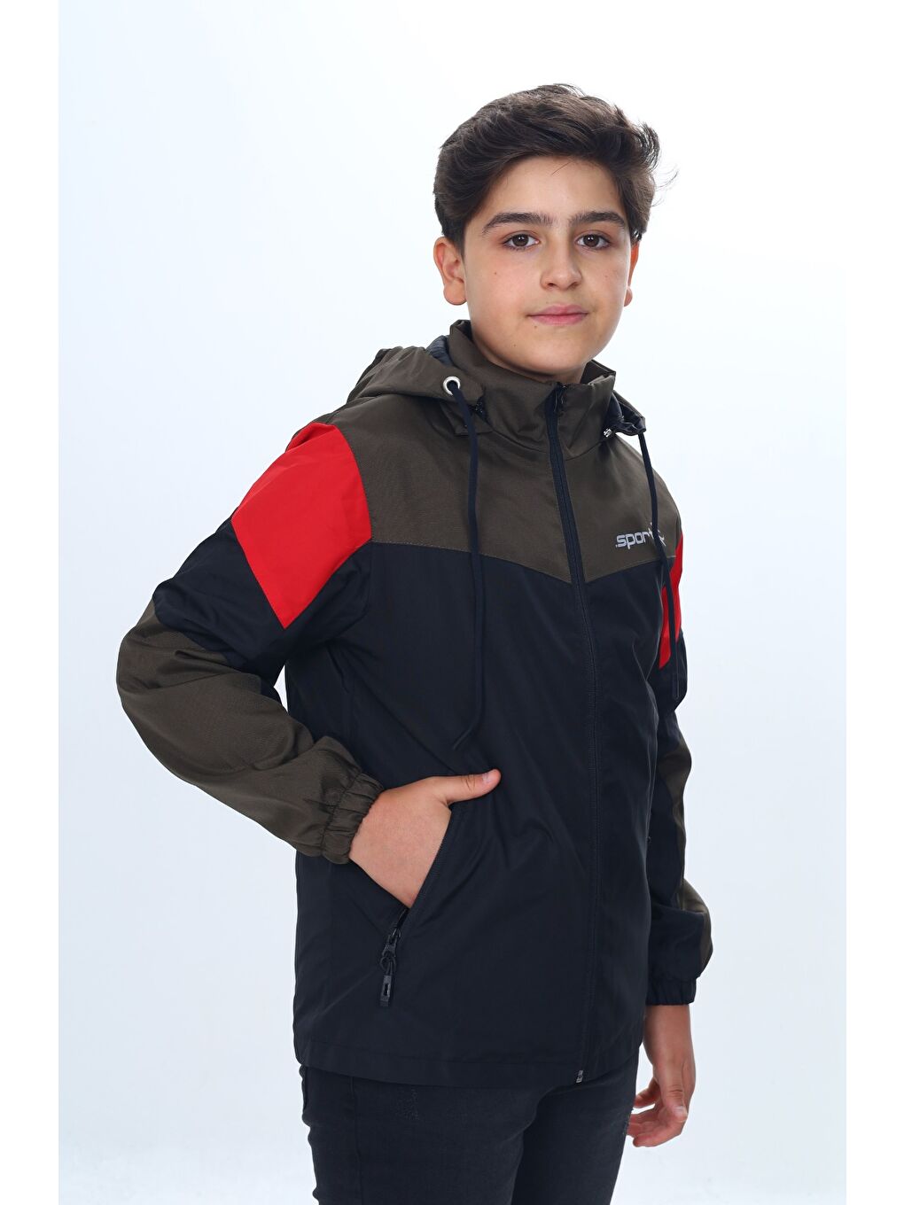 Haki Erkek Çocuk Sport Baskılı Kapüşonlu Yağmurluk-2