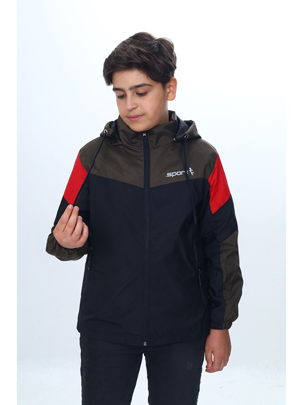 Haki Erkek Çocuk Sport Baskılı Kapüşonlu Yağmurluk-3