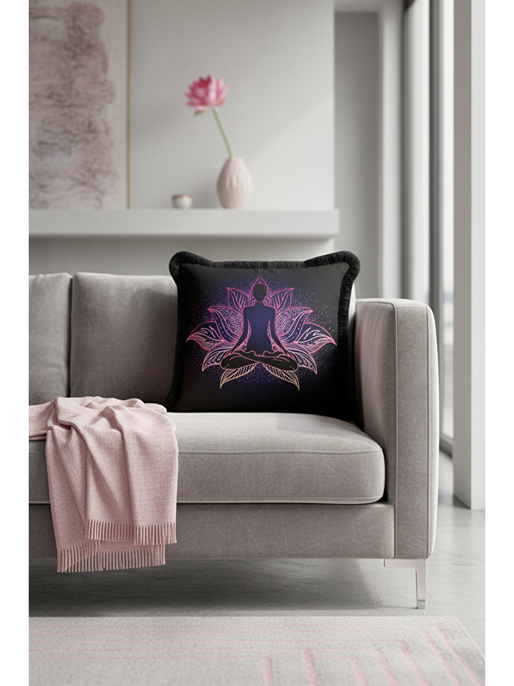 Karışık Meditatif Lotus Mandala Saçaklı Yastık Kılıfı - Zen Bohem Mor Pembe Siyah Püsküllü Kırlent Kılıfı