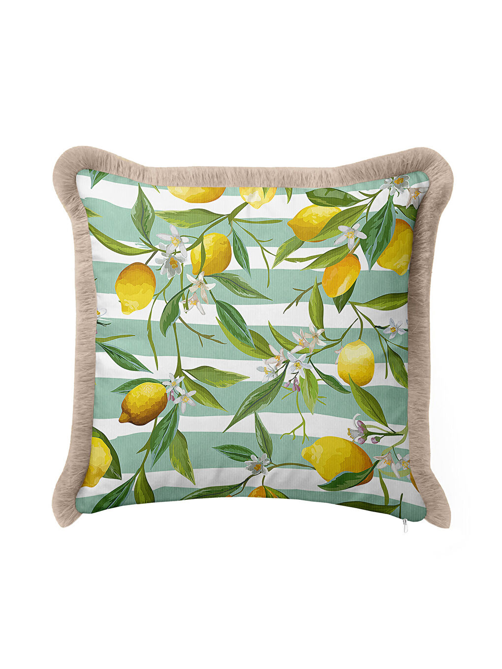 Karışık Limon Bahçesi Saçaklı Yastık Kılıfı - Akdeniz Country Yeşil Sarı Püsküllü Kırlent Kılıfı-1