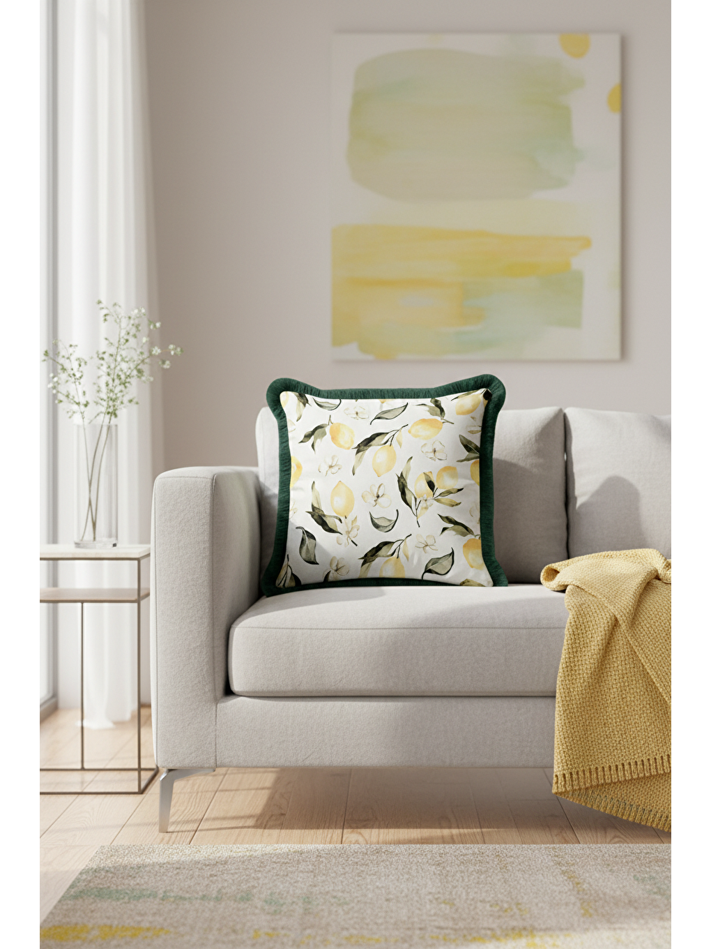 Karışık Limon Çiçek Bahar Saçaklı Yastık Kılıfı - Botanik Ferah Akdeniz Temalı Yeşil Püsküllü Kırlent Kılıfı-4