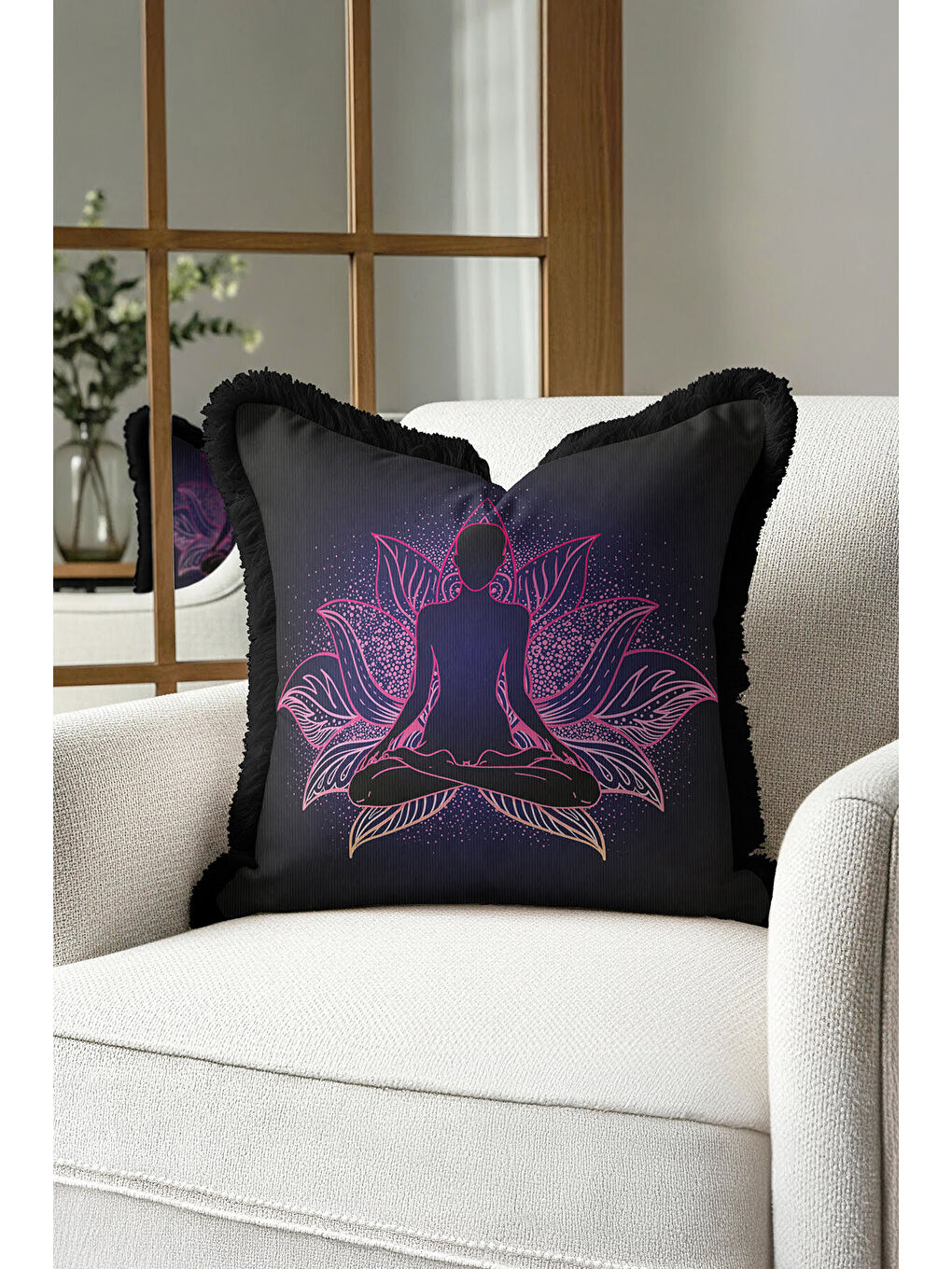 Karışık Meditatif Lotus Mandala Saçaklı Yastık Kılıfı - Zen Bohem Mor Pembe Siyah Püsküllü Kırlent Kılıfı-1