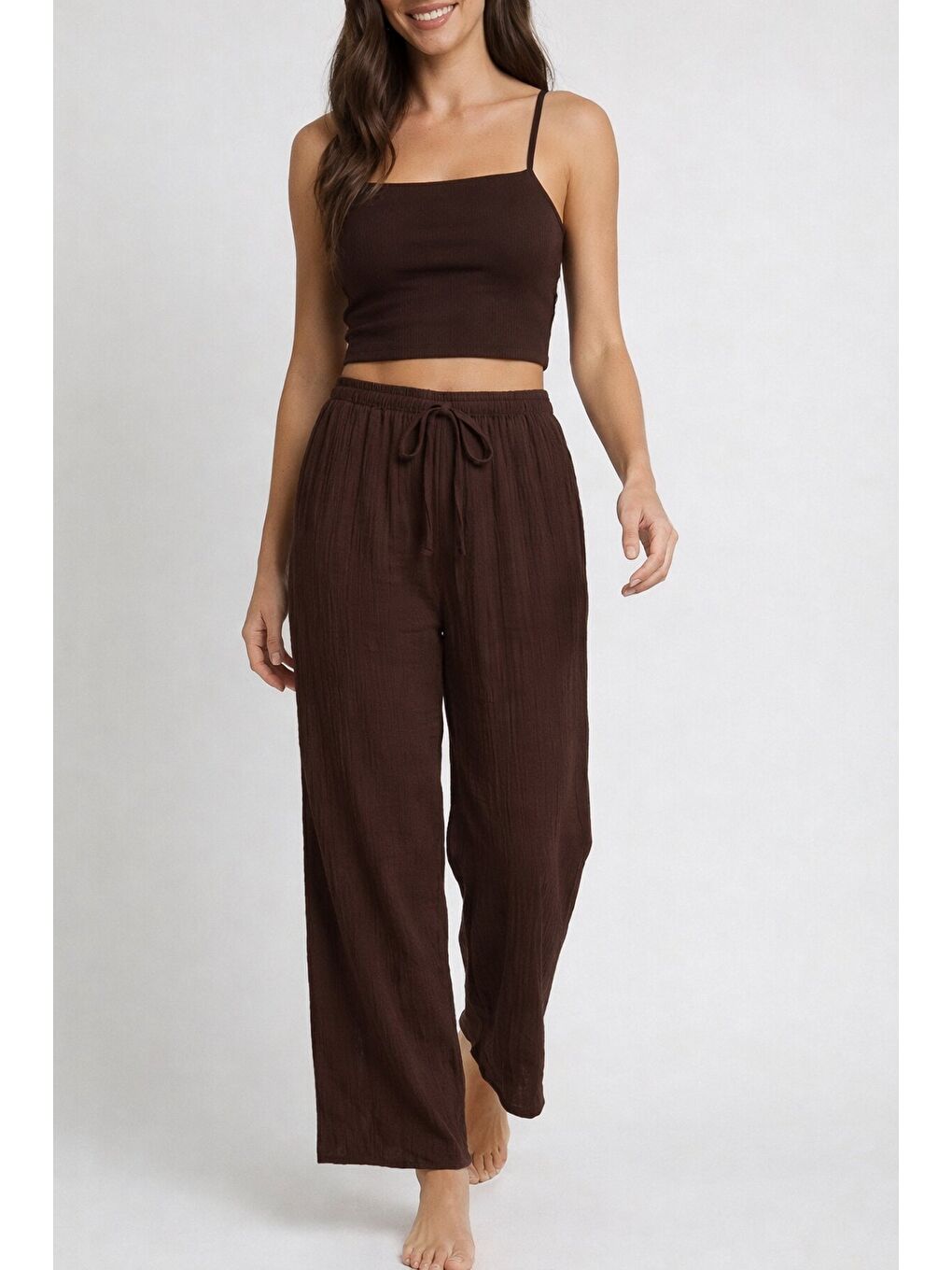 Kahverengi Bürümcük Kumaş Lastikli Bel Salaş Pantolon – Kahve Rahat Kesim Günlük Şıklık