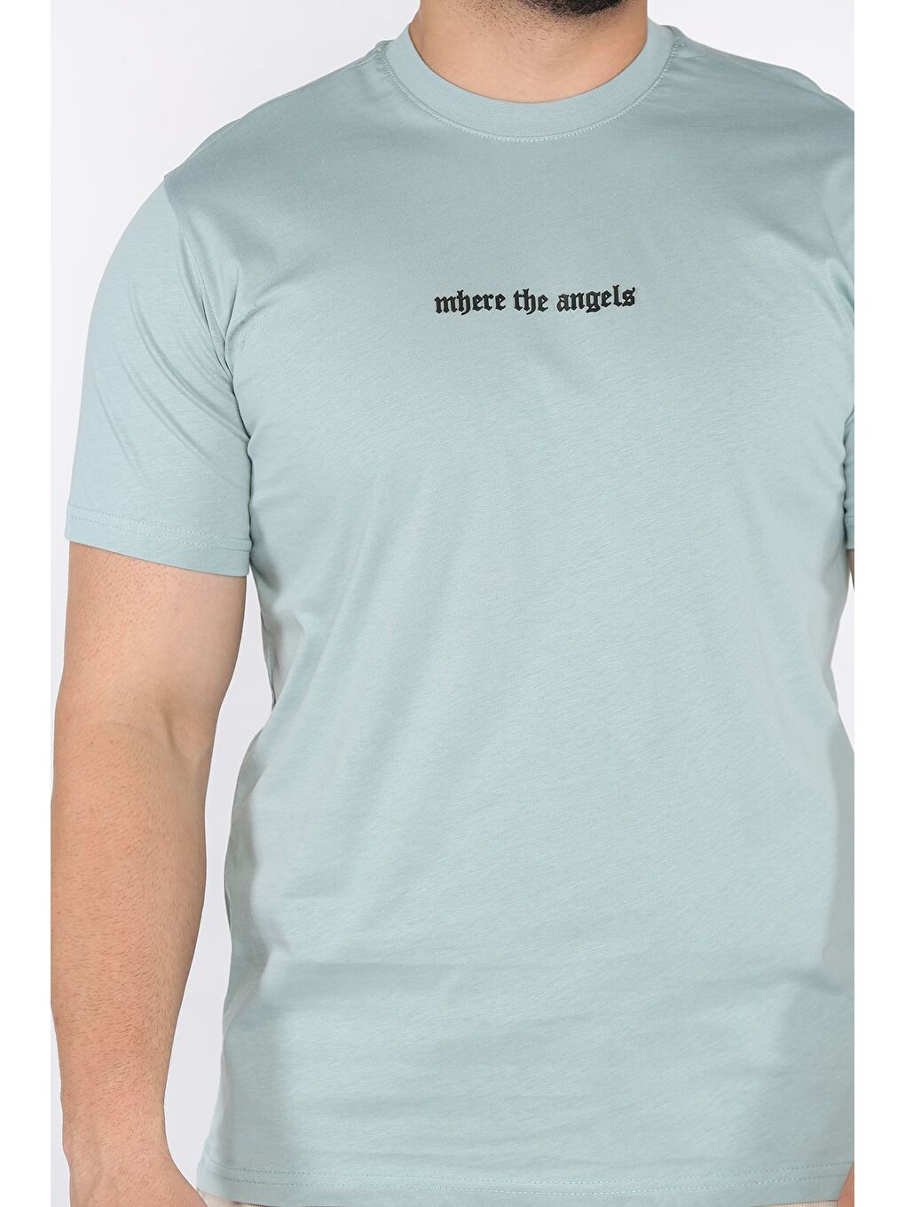 Yeşil Erkek Bisiklet Yaka Silikon Kabartma Baskılı Tişört-3