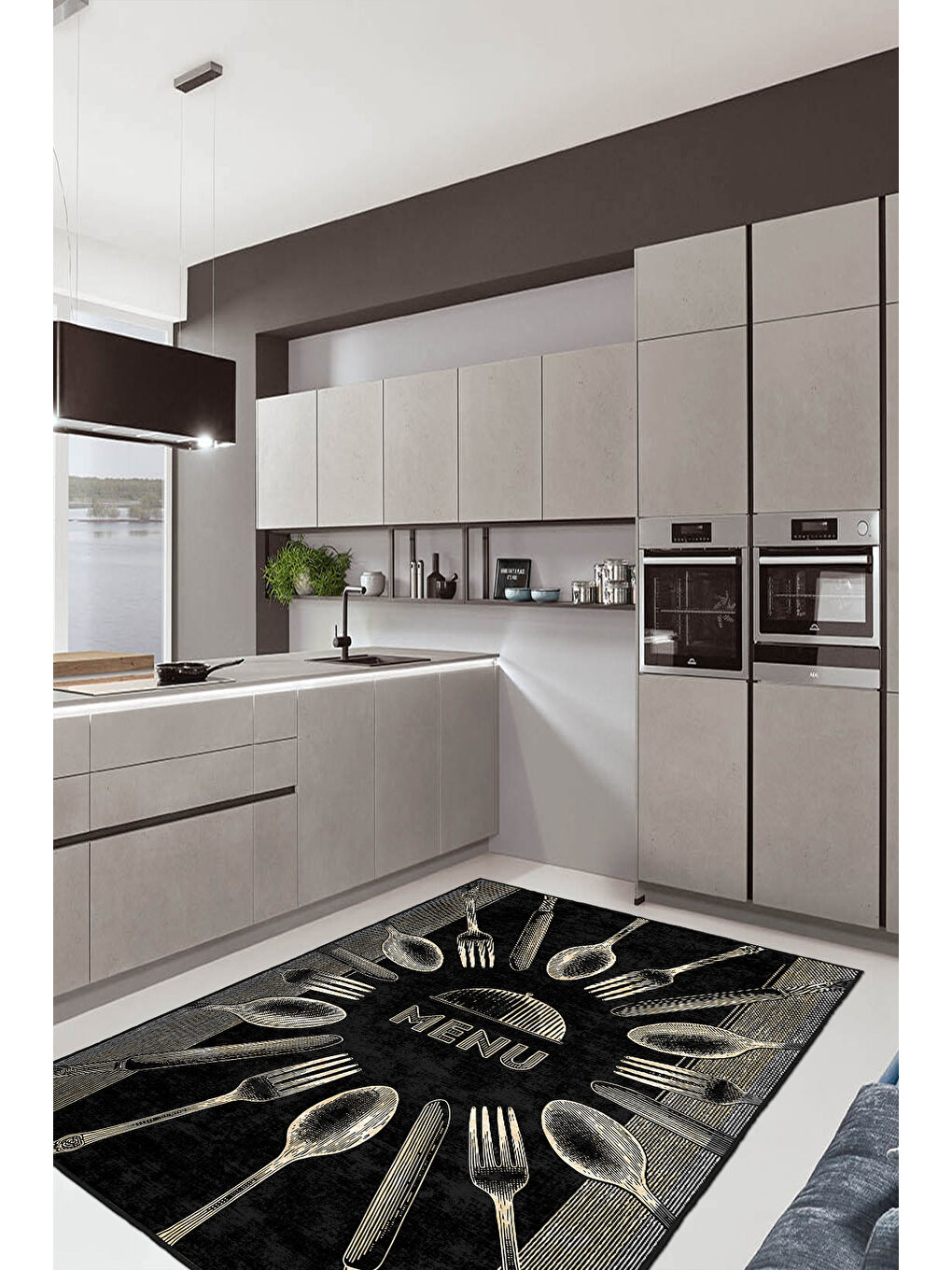 Siyah Dekoratif Özel Tasarım Yıkanabilir İnce Kaymaz Tabanlı Modern Halı KECE FR41-3