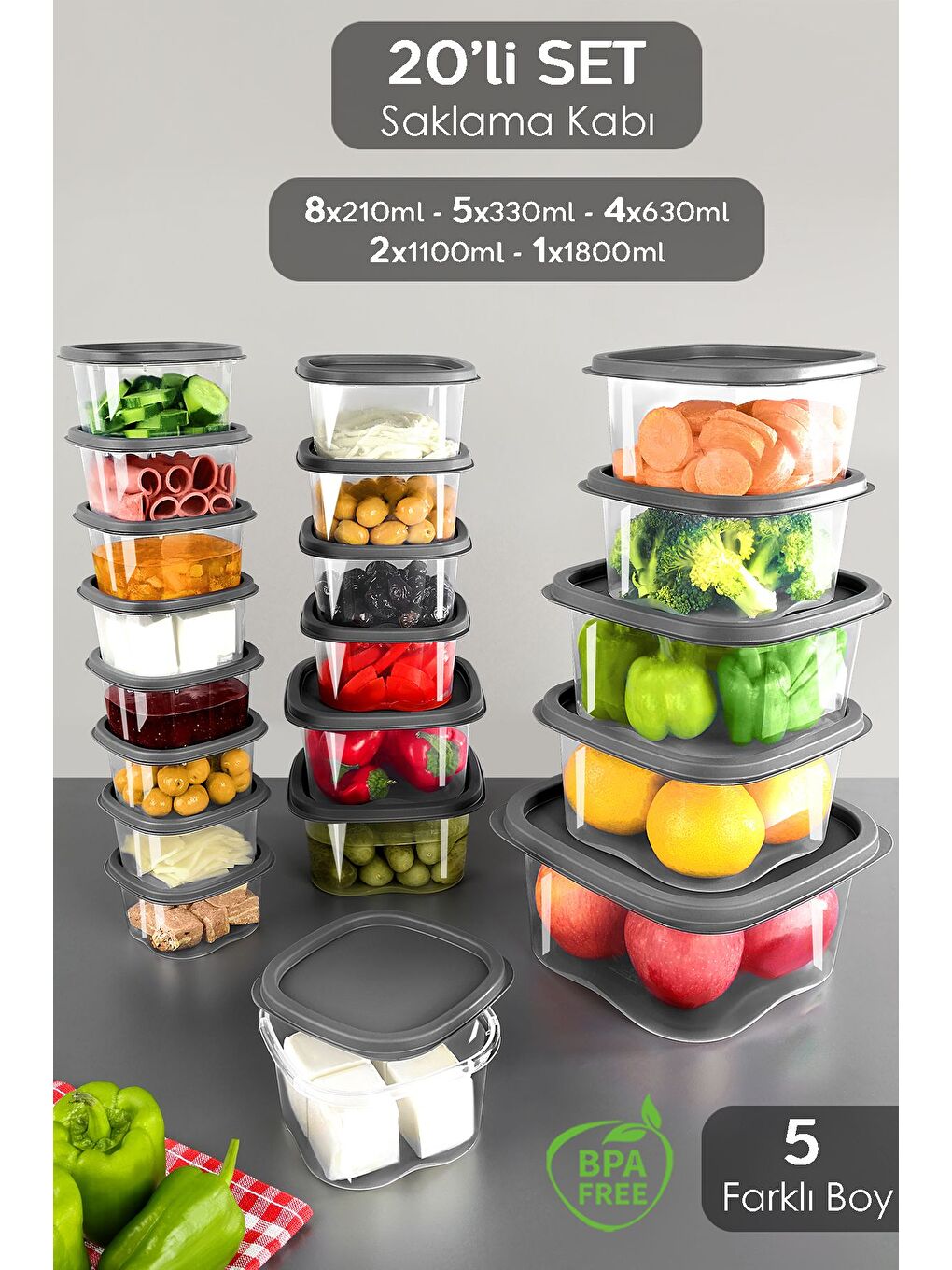 Gri 20 li Kare Erzak Gıda Saklama Kabı Seti Antrasit