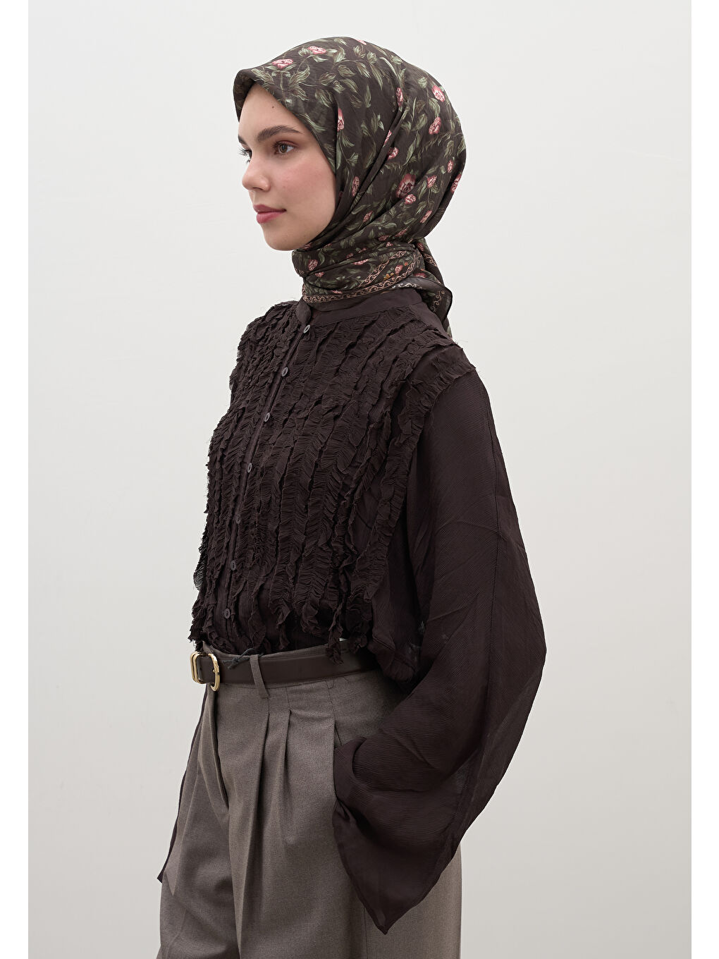 Kahverengi Leana Desen Pamuklu Viskon Eşarp Acı Kahve-1