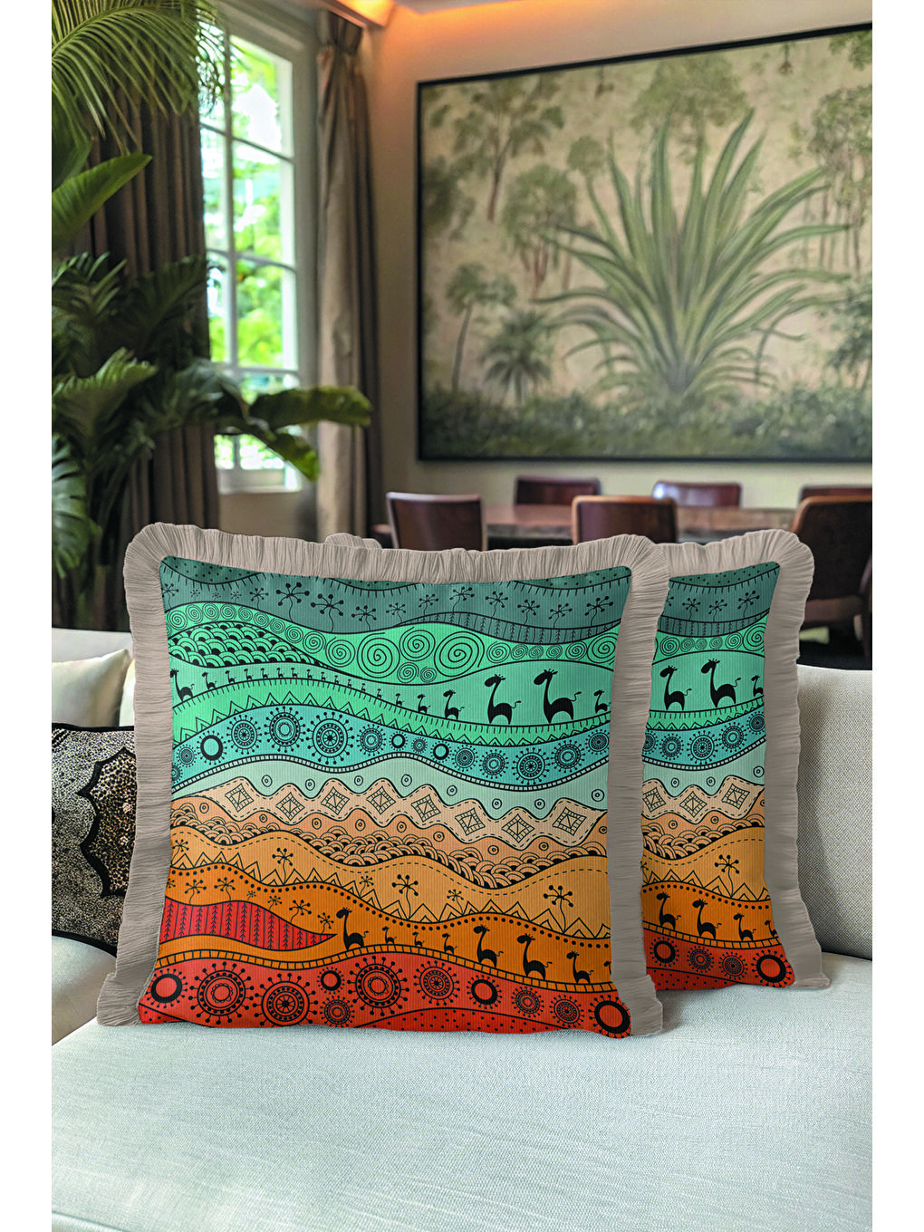 Karışık Etnik Afrika Motifli Saçaklı Yastık Kılıfı - Tribal Bohem Turuncu Yeşil Gri Püsküllü Kırlent Kılıfı-5