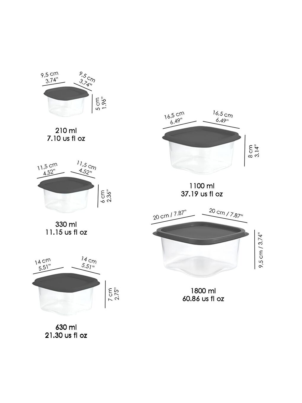 Gri 20 li Kare Erzak Gıda Saklama Kabı Seti Antrasit-5