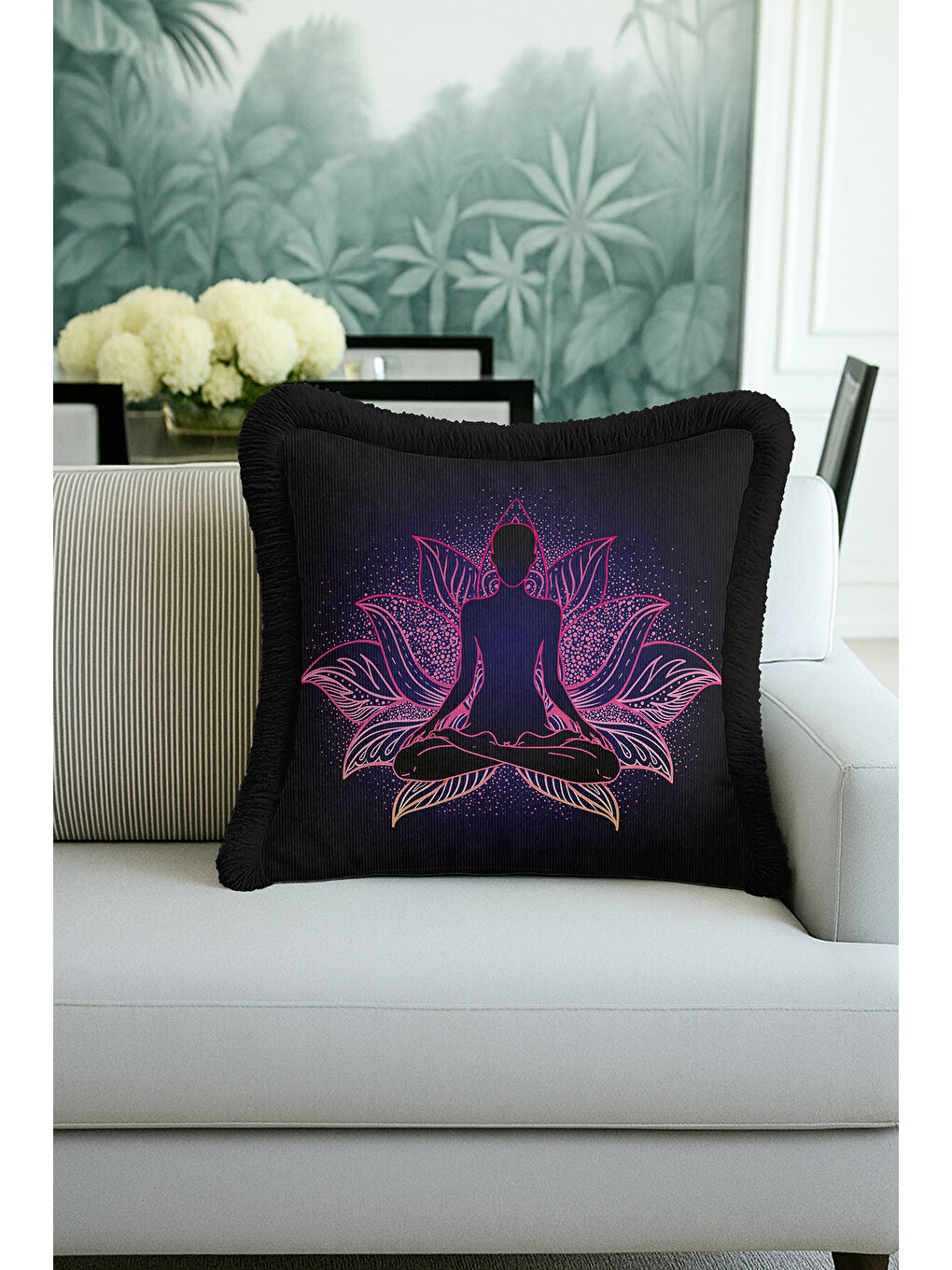 Karışık Meditatif Lotus Mandala Saçaklı Yastık Kılıfı - Zen Bohem Mor Pembe Siyah Püsküllü Kırlent Kılıfı-2