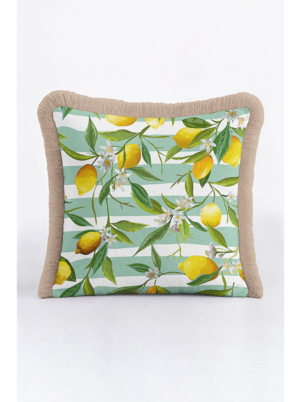 Karışık Limon Bahçesi Saçaklı Yastık Kılıfı - Akdeniz Country Yeşil Sarı Püsküllü Kırlent Kılıfı-2