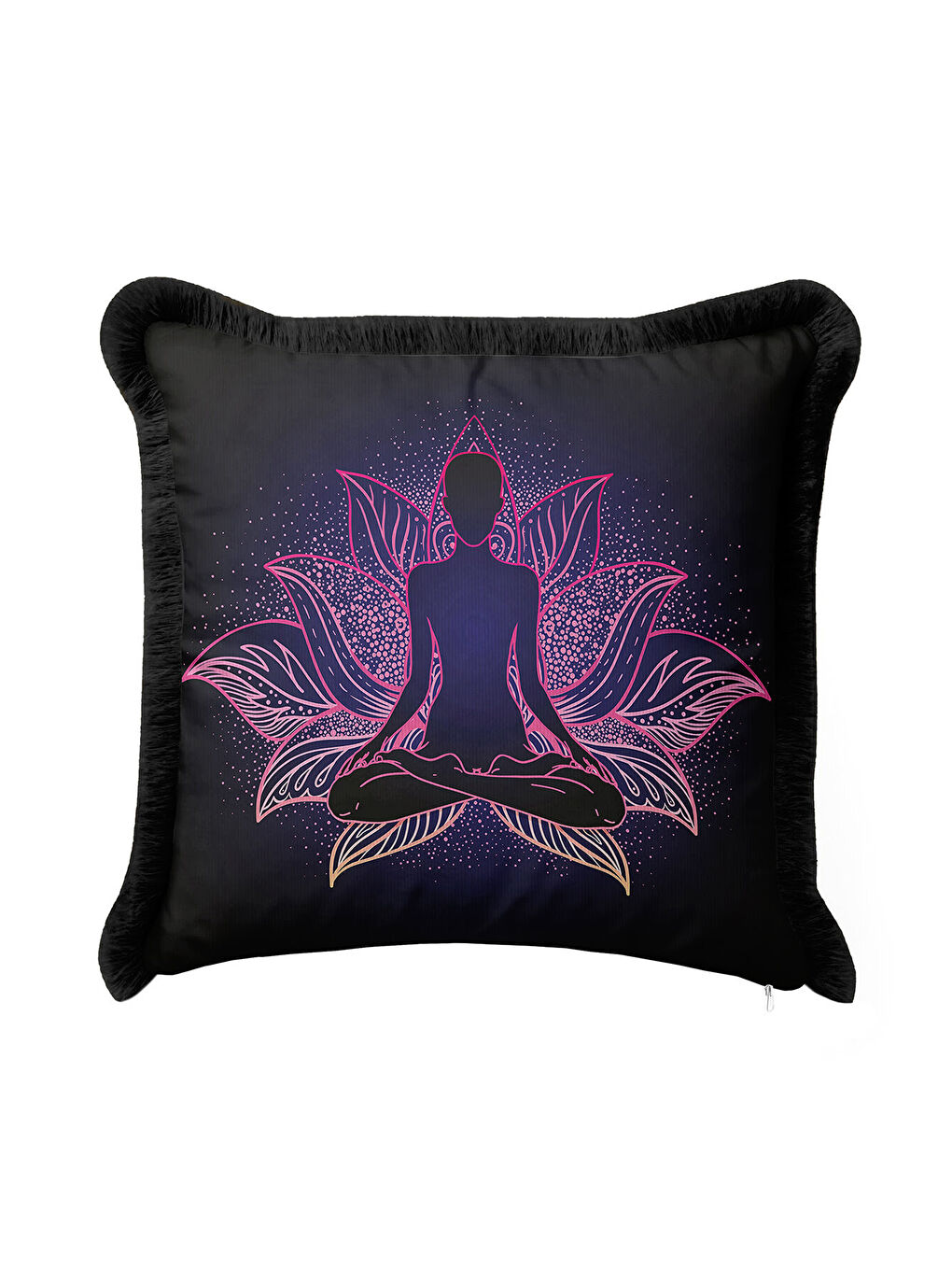 Karışık Meditatif Lotus Mandala Saçaklı Yastık Kılıfı - Zen Bohem Mor Pembe Siyah Püsküllü Kırlent Kılıfı-3