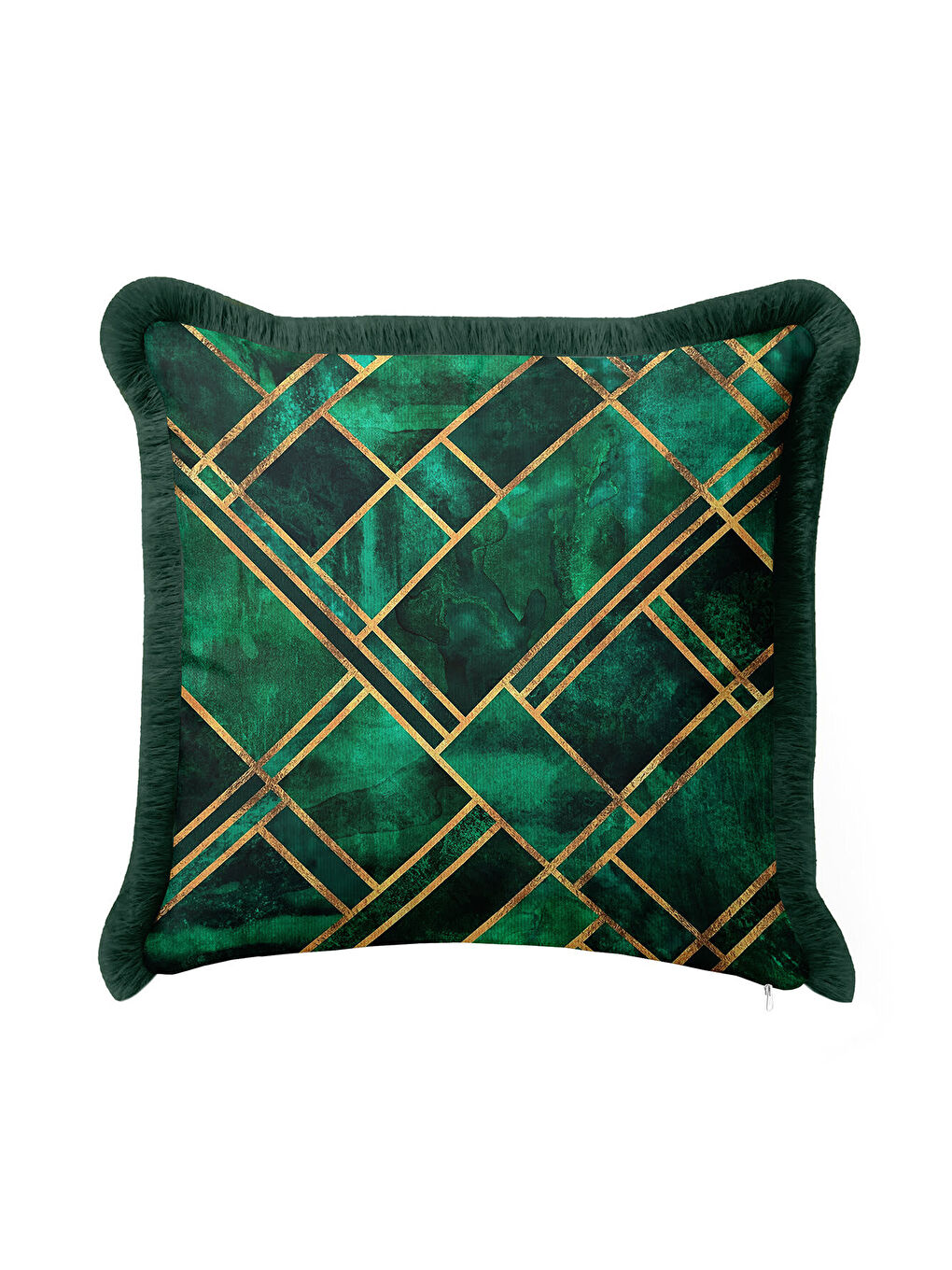 Karışık Geometrik Altın Çizgili Saçaklı Yastık Kılıfı - Lüks Art Deco Zümrüt Yeşili Püsküllü Kırlent Kılıfı-2