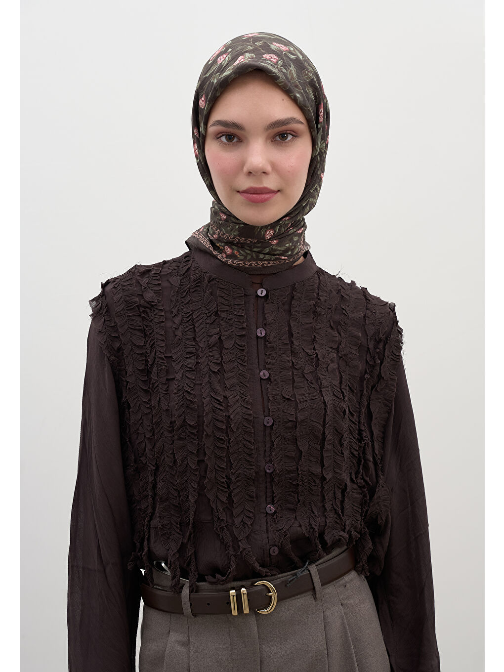 Kahverengi Leana Desen Pamuklu Viskon Eşarp Acı Kahve-2