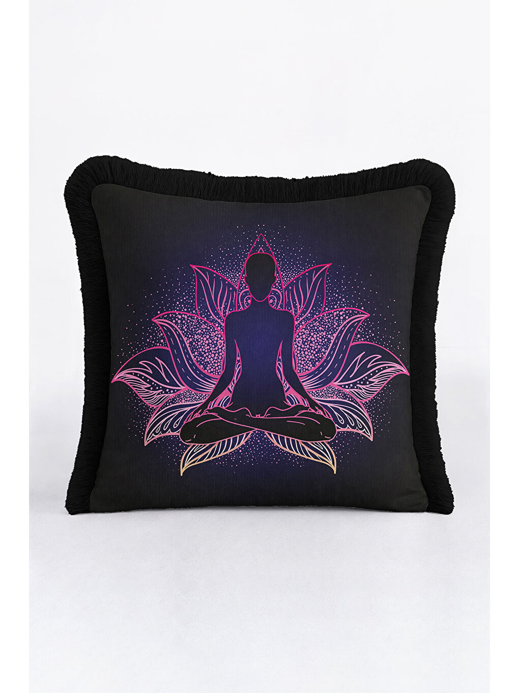 Karışık Meditatif Lotus Mandala Saçaklı Yastık Kılıfı - Zen Bohem Mor Pembe Siyah Püsküllü Kırlent Kılıfı-4