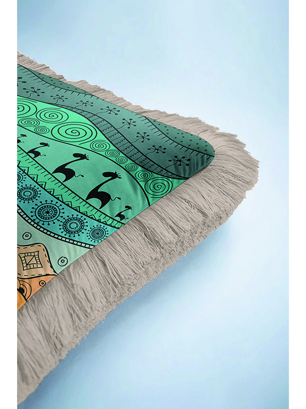 Karışık Etnik Afrika Motifli Saçaklı Yastık Kılıfı - Tribal Bohem Turuncu Yeşil Gri Püsküllü Kırlent Kılıfı-6