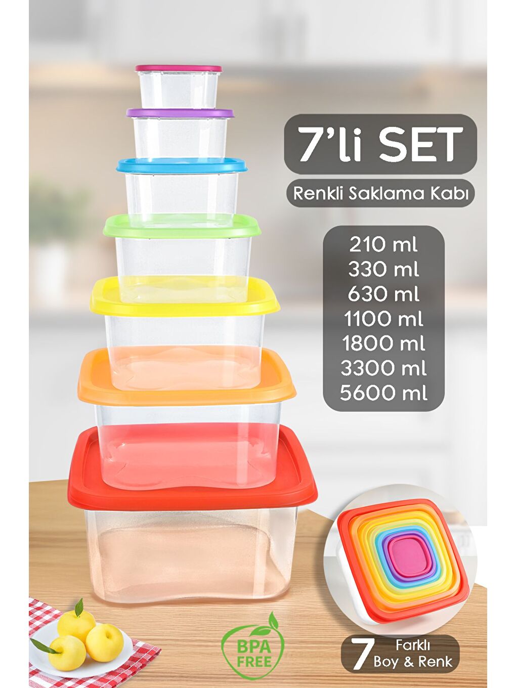 Karışık 7 li Kare Erzak Gıda Saklama Kabı Seti Mikrodalga ve Derin Dondurucuya Uygun Saklama Kabı Renkli