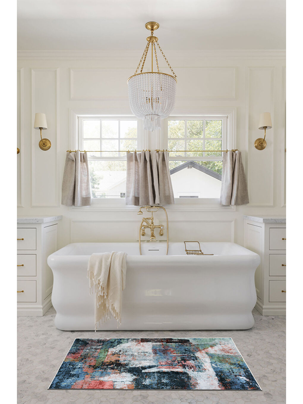 Bej Dekoratif Özel Tasarım Yıkanabilir İnce Kaymaz Tabanlı Modern Halı KECE FR34-3