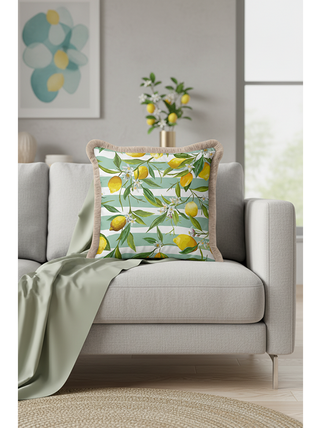 Karışık Limon Bahçesi Saçaklı Yastık Kılıfı - Akdeniz Country Yeşil Sarı Püsküllü Kırlent Kılıfı-3