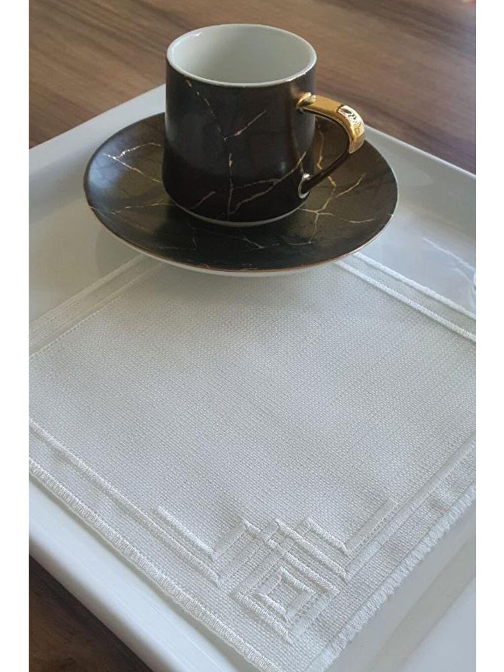 Ekru Köşe Nakışlı Keten Kare Bardak Altlığı Seti 6 Lı Krem-1