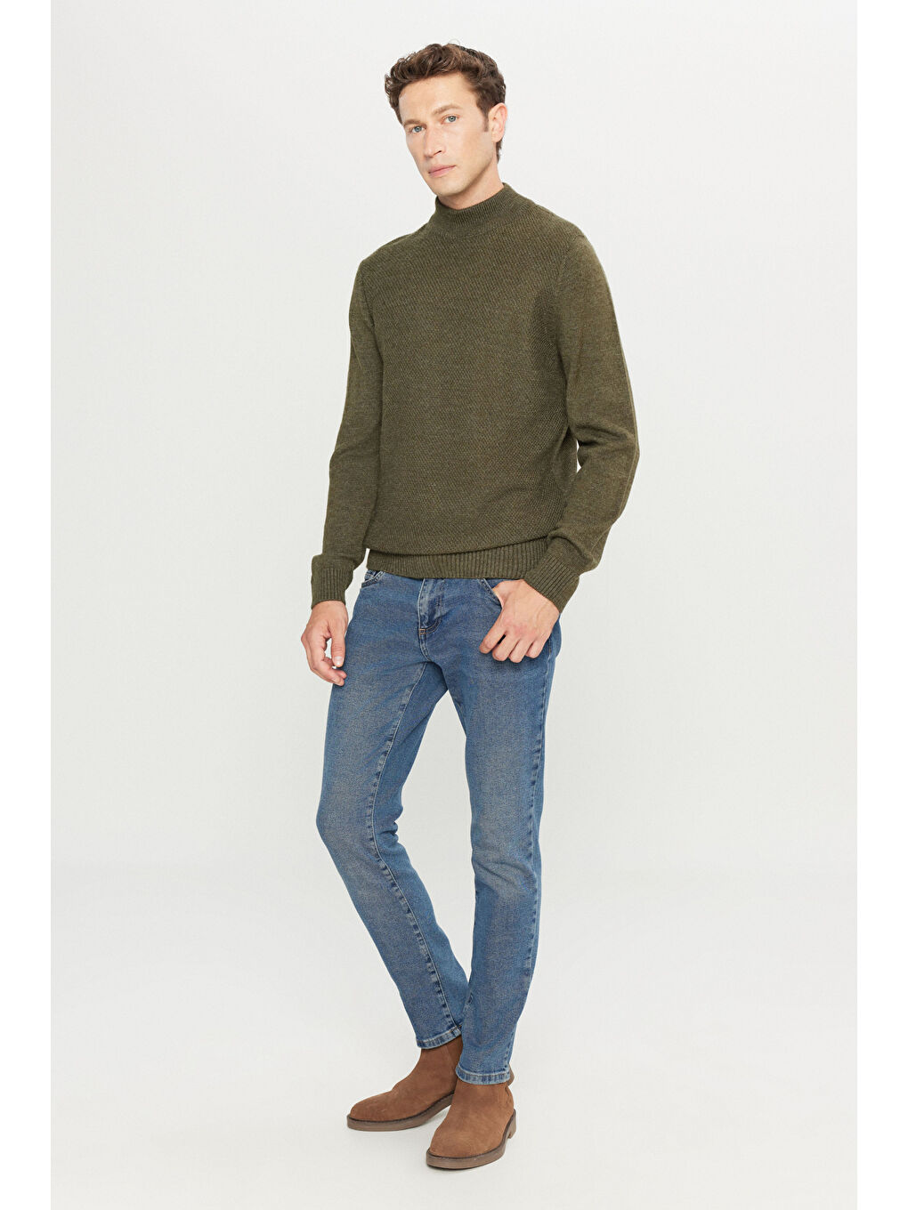 Erkek Haki Standart Fit Normal Kesim Yarım Balıkçı Yaka Jakarlı Triko Kazak-1