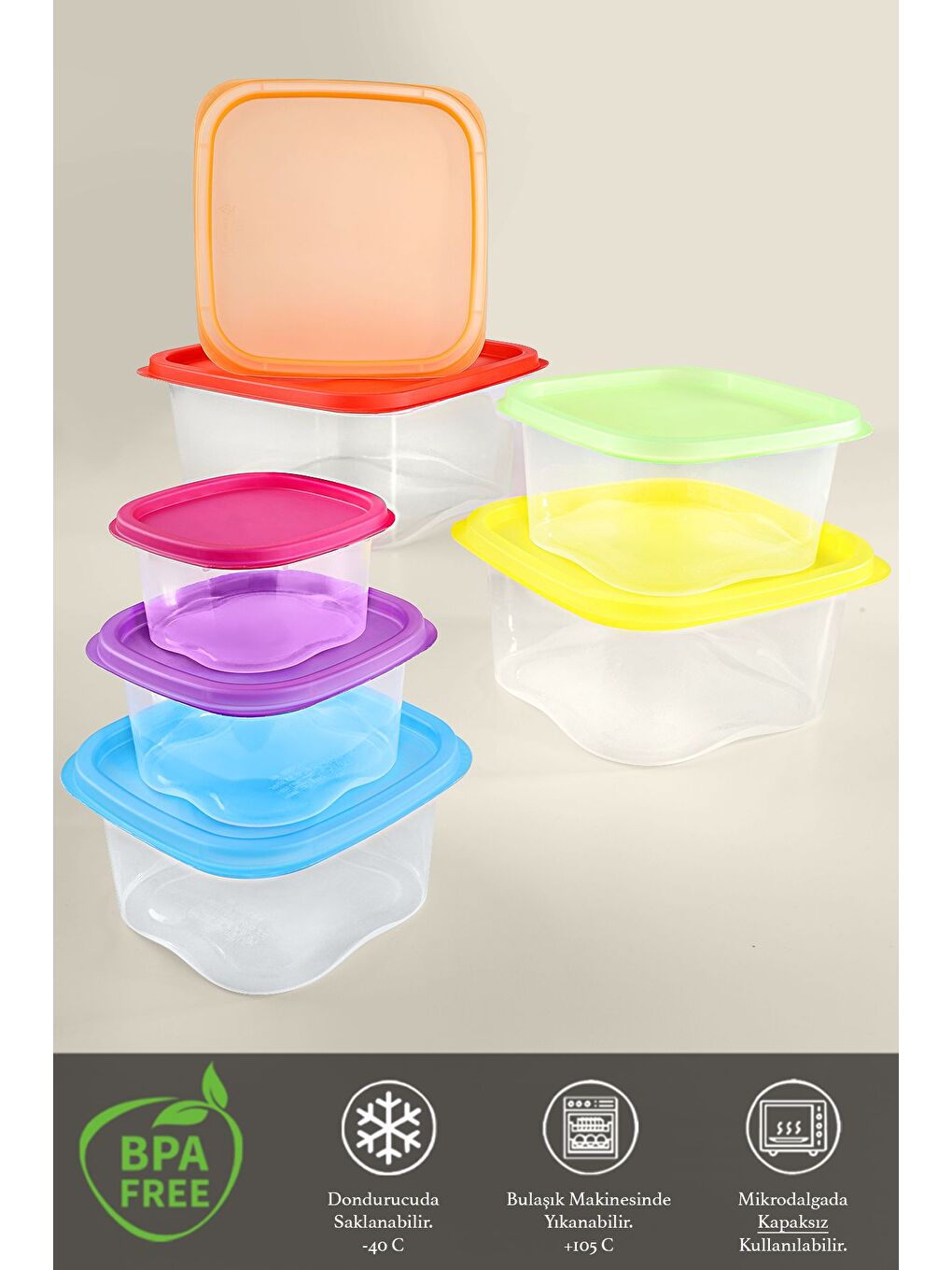 Karışık 7 li Kare Erzak Gıda Saklama Kabı Seti Mikrodalga ve Derin Dondurucuya Uygun Saklama Kabı Renkli-2