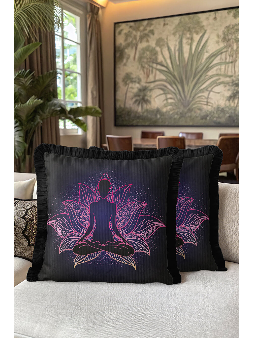 Karışık Meditatif Lotus Mandala Saçaklı Yastık Kılıfı - Zen Bohem Mor Pembe Siyah Püsküllü Kırlent Kılıfı-5