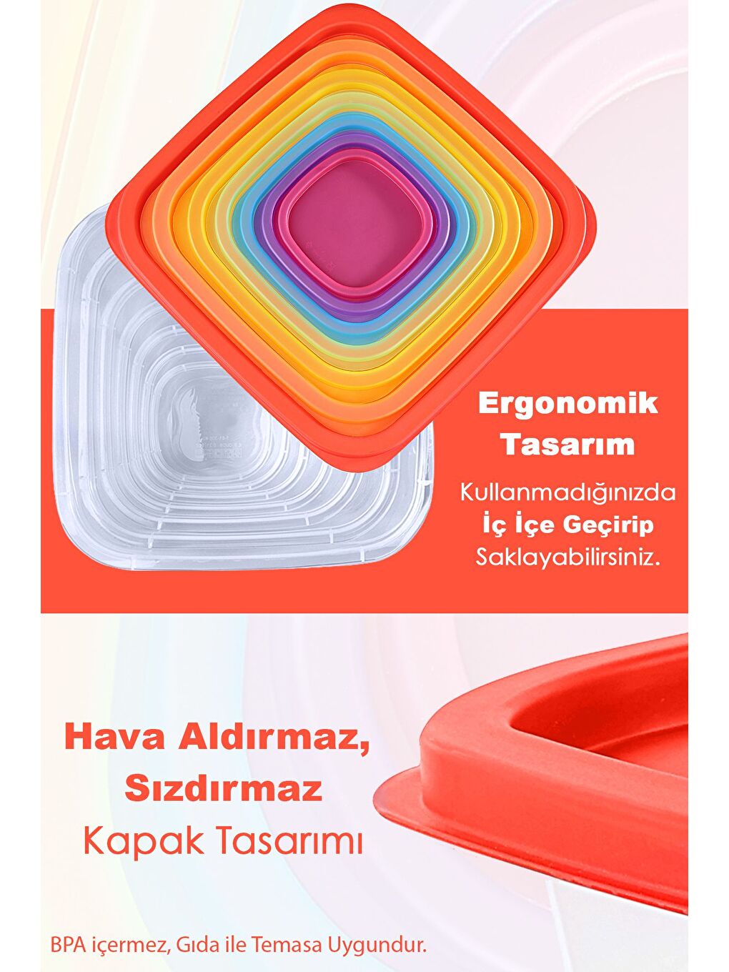 Karışık 7 li Kare Erzak Gıda Saklama Kabı Seti Mikrodalga ve Derin Dondurucuya Uygun Saklama Kabı Renkli-4