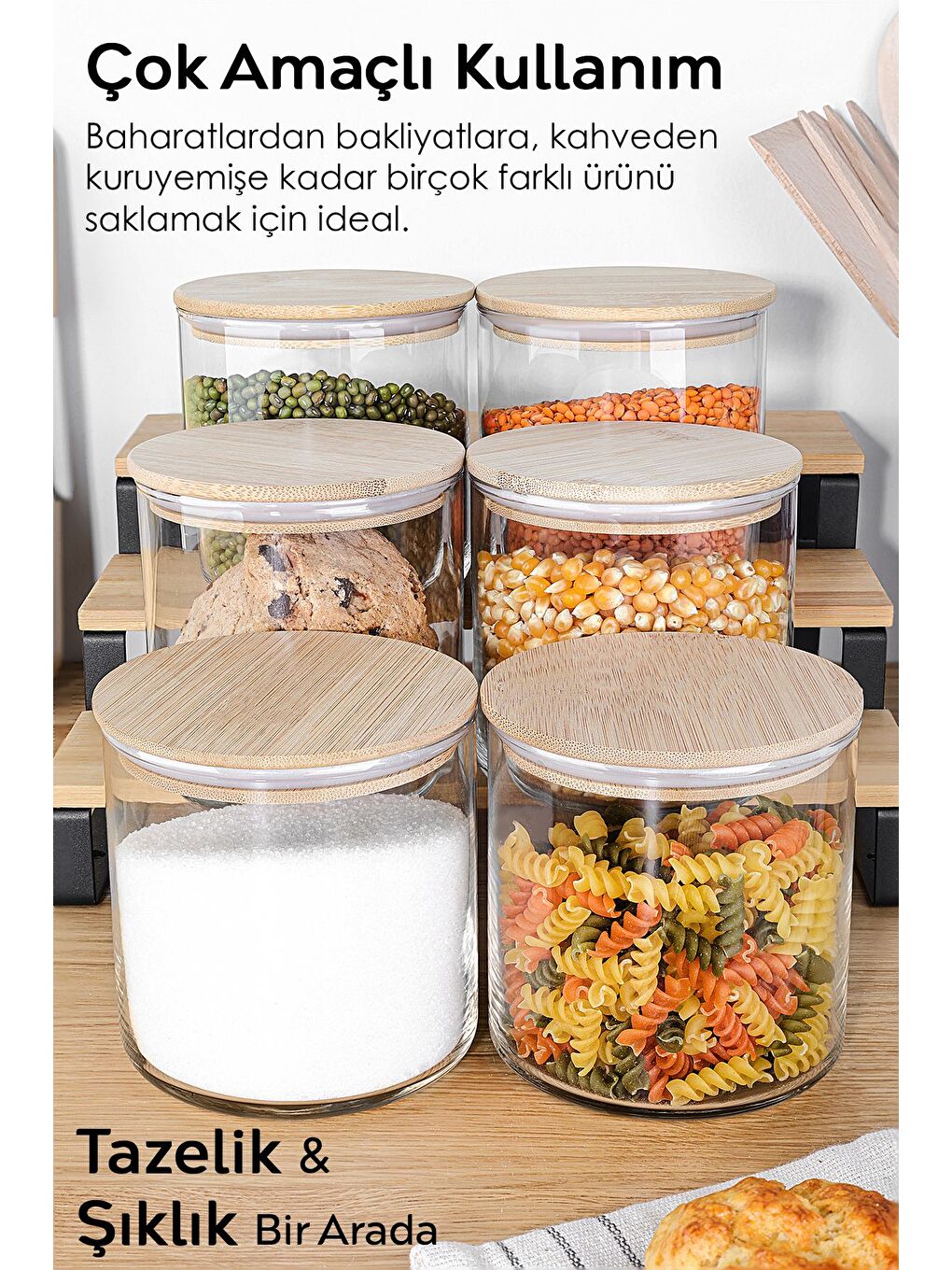 Renksiz 6'lı Bambu Kapak Cam Saklama Kabı Etiketli Bakliyat Erzak Vakum Kapaklı Cam Kavanoz Seti 680 ml-2