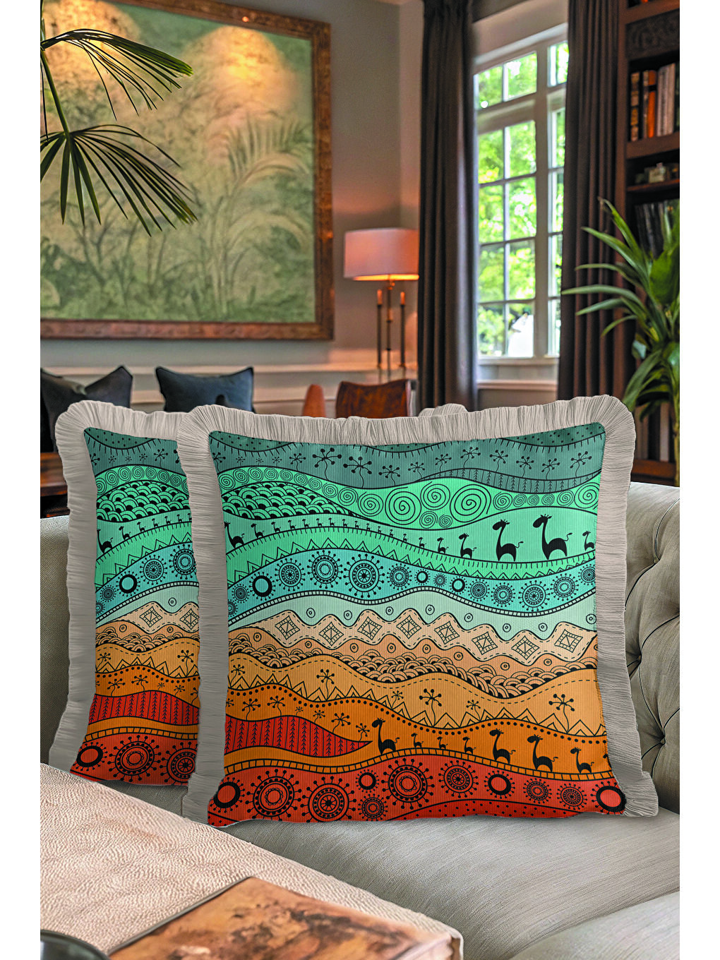 Karışık Etnik Afrika Motifli Saçaklı Yastık Kılıfı - Tribal Bohem Turuncu Yeşil Gri Püsküllü Kırlent Kılıfı-7