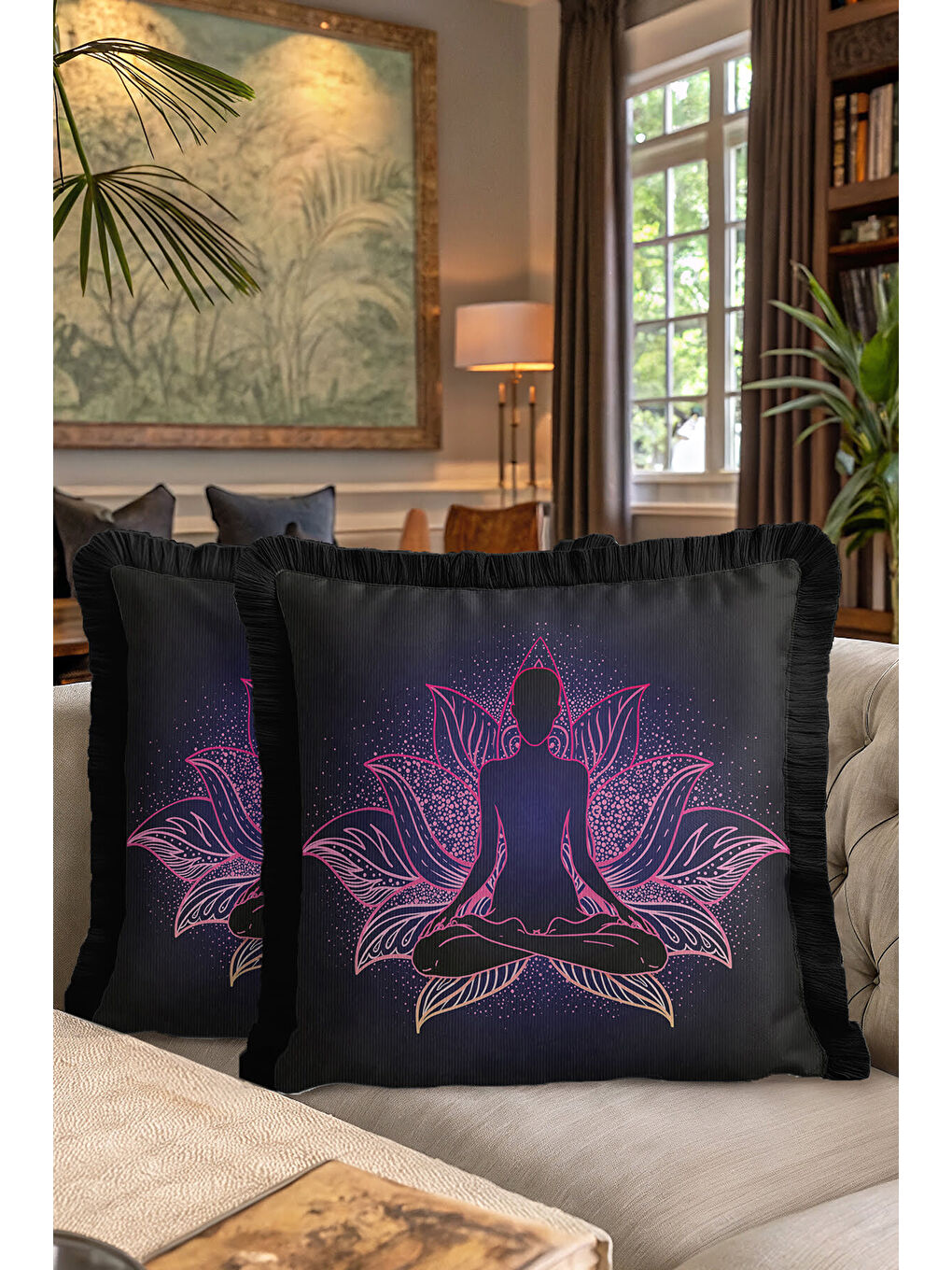 Karışık Meditatif Lotus Mandala Saçaklı Yastık Kılıfı - Zen Bohem Mor Pembe Siyah Püsküllü Kırlent Kılıfı-7