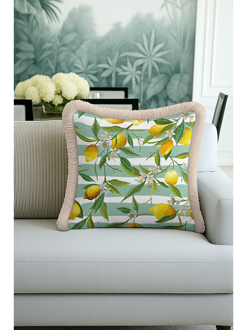 Karışık Limon Bahçesi Saçaklı Yastık Kılıfı - Akdeniz Country Yeşil Sarı Püsküllü Kırlent Kılıfı-4