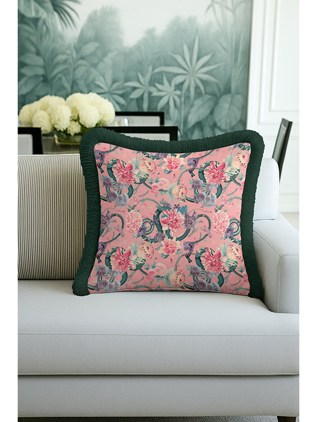 Karışık Lüks Çiçek Bahçesi Saçaklı Yastık Kılıfı - Romantik Bohem Pembe Yeşil Püsküllü Kırlent Kılıfı