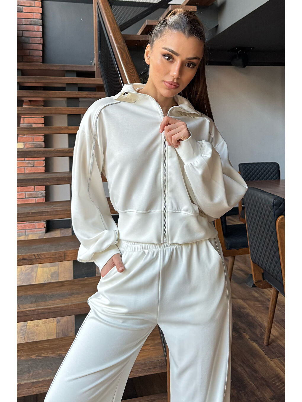 Ekru Kadın Sweat Pantolon İkili Takım