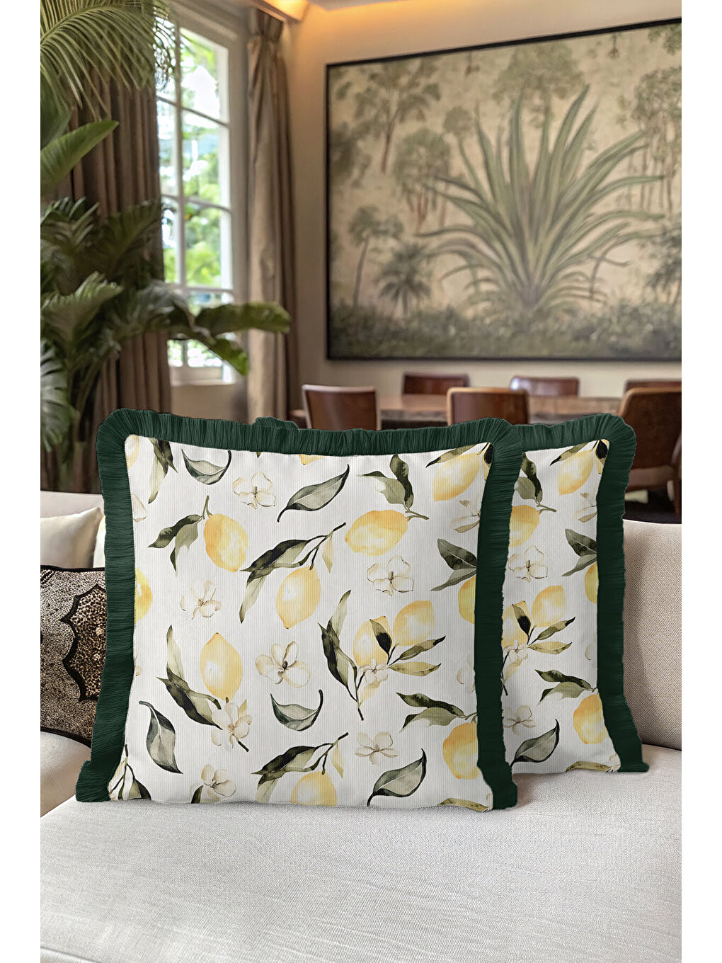 Karışık Limon Çiçek Bahar Saçaklı Yastık Kılıfı - Botanik Ferah Akdeniz Temalı Yeşil Püsküllü Kırlent Kılıfı-5