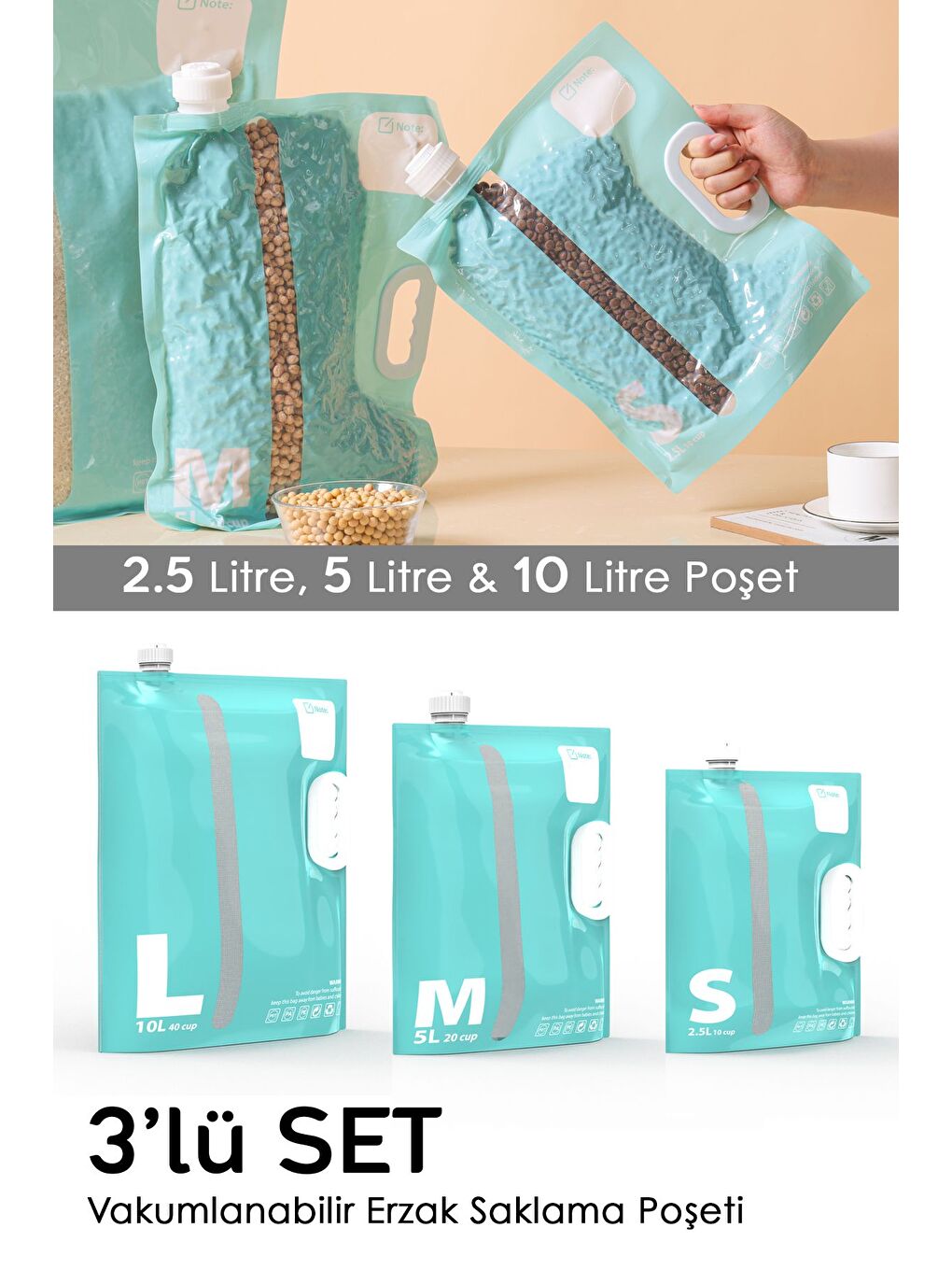 3'lü Vaku mlu Erzak Saklama Poşeti Hava Almaz Kulplu Gıda Saklama Torbası Yeşil