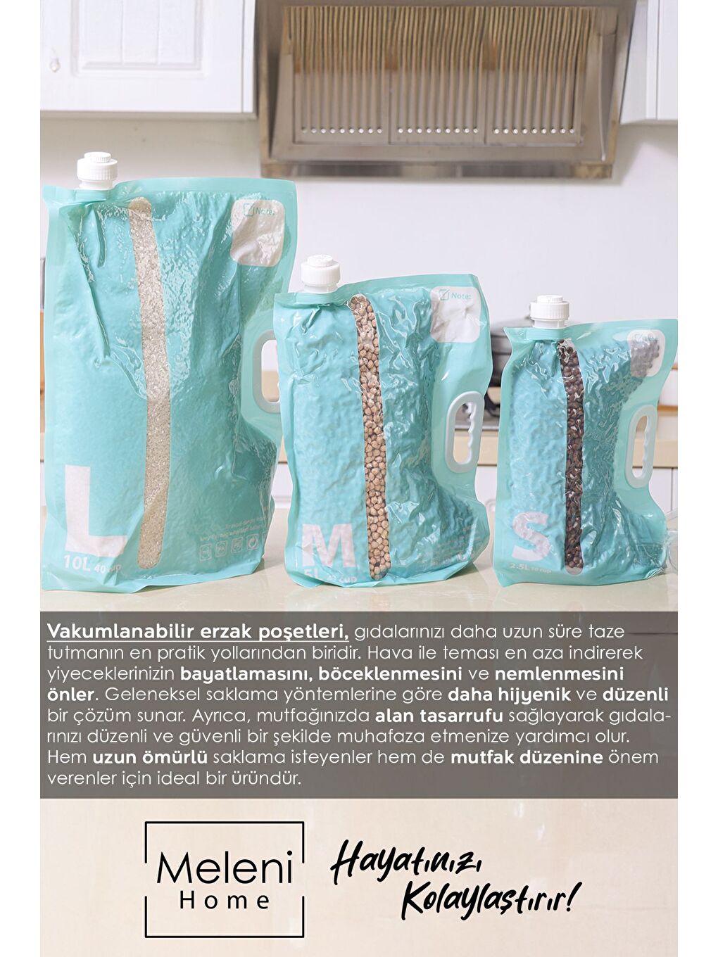 3'lü Vaku mlu Erzak Saklama Poşeti Hava Almaz Kulplu Gıda Saklama Torbası Yeşil-1