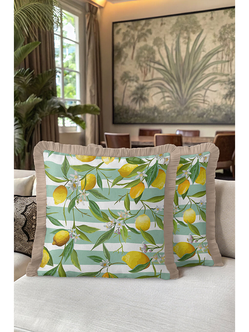 Karışık Limon Bahçesi Saçaklı Yastık Kılıfı - Akdeniz Country Yeşil Sarı Püsküllü Kırlent Kılıfı-5