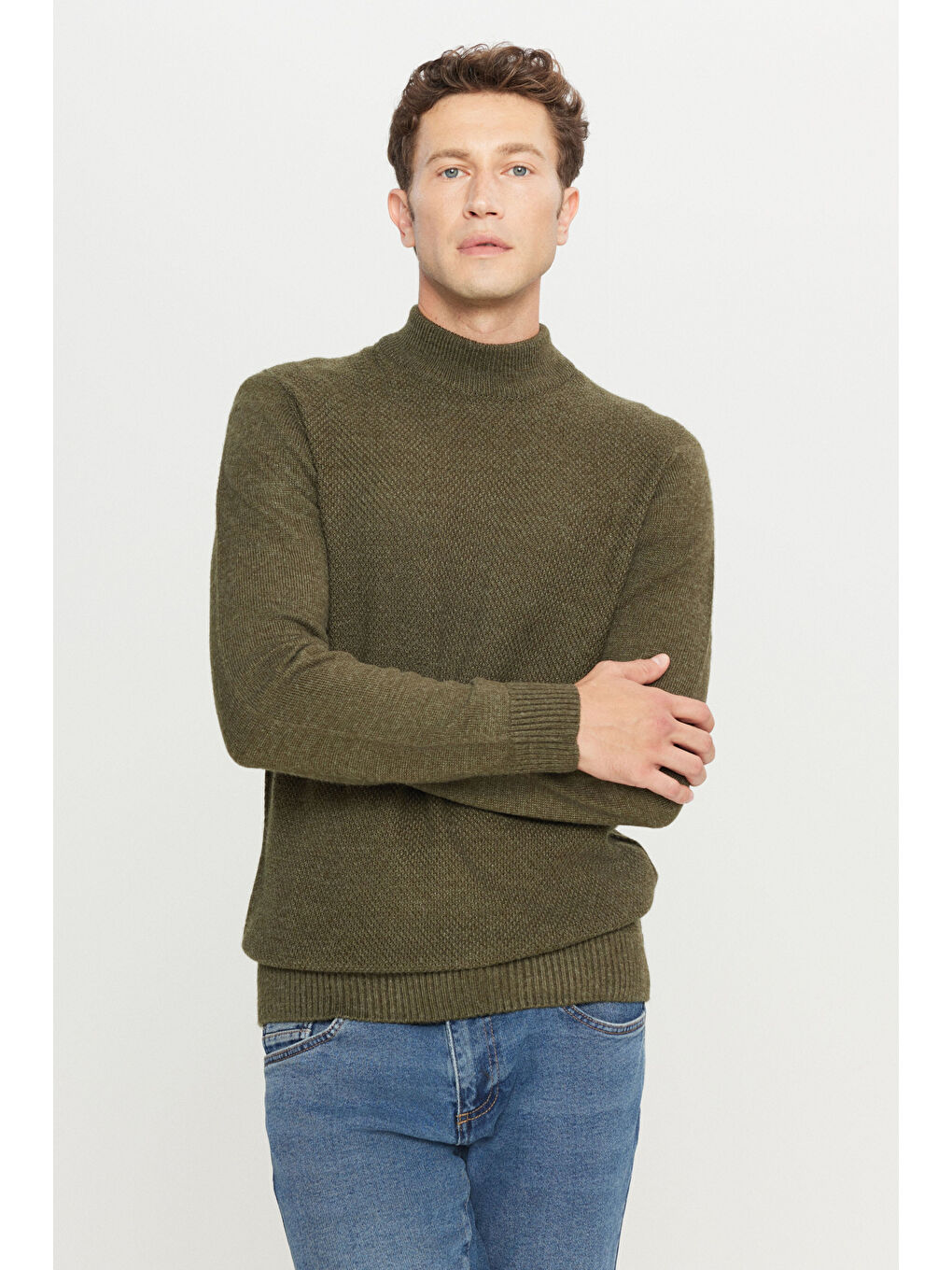 Erkek Haki Standart Fit Normal Kesim Yarım Balıkçı Yaka Jakarlı Triko Kazak-2