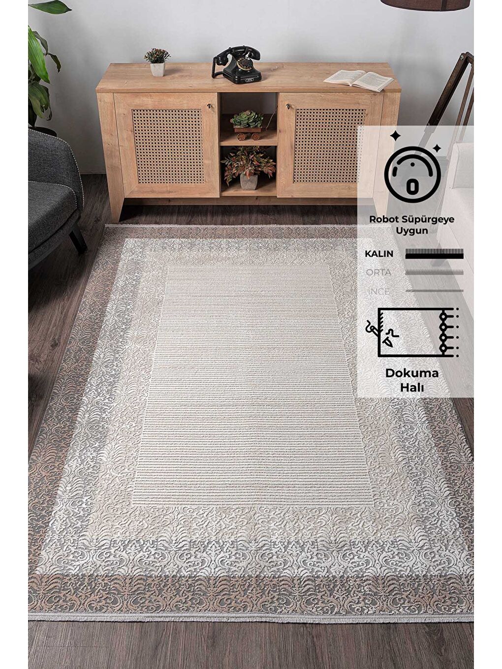 Bej Leo 2935 Modern Dokuma Halı Salon Oturma Odası Halısı Makine Halısı-80x300