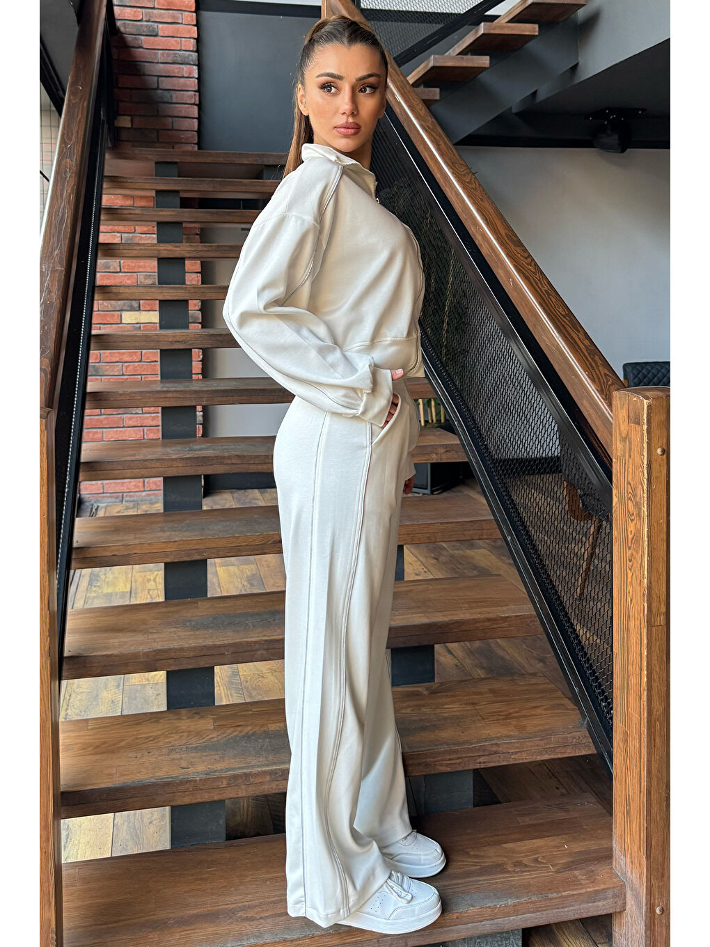 Ekru Kadın Sweat Pantolon İkili Takım-1