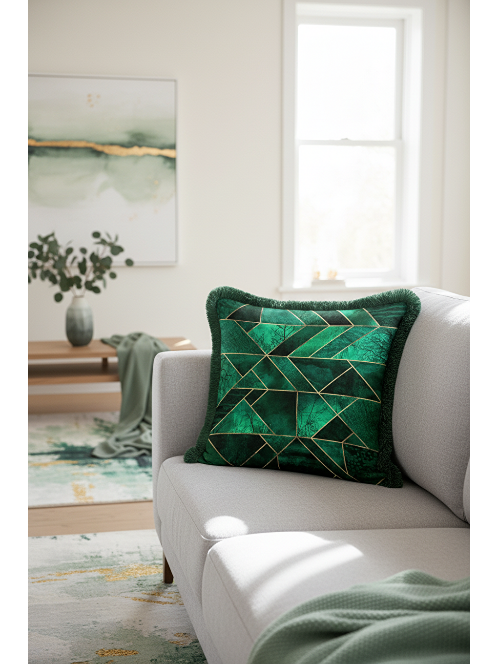 Karışık Zamansız Lüks Geometrik Saçaklı Yastık Kılıfı - Modern Zümrüt Yeşili Gold Püsküllü Kırlent Kılıfı