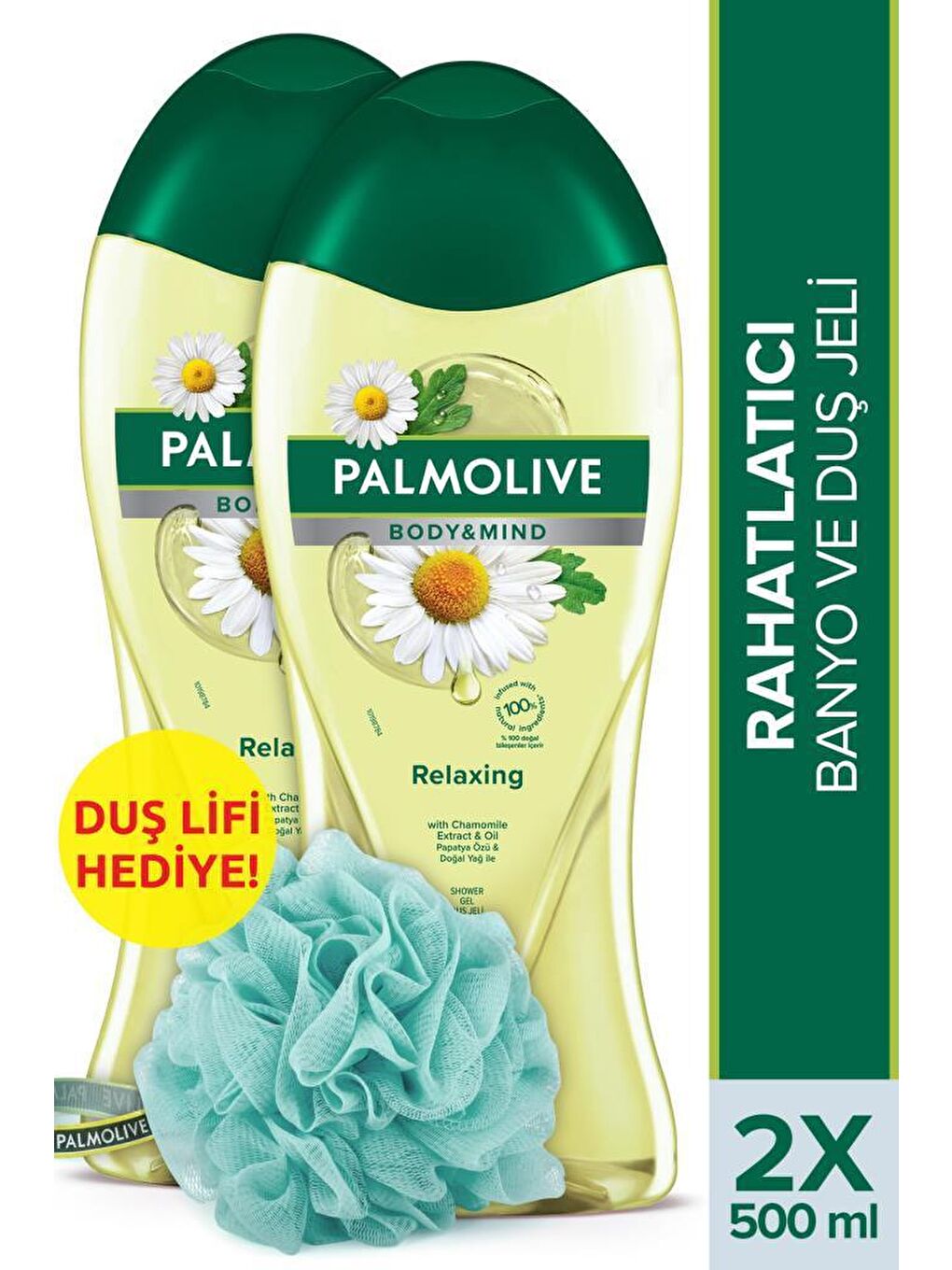 Palmolive Sarı Body & Mind Papatya Özü Rahatlatıcı Banyo ve Duş Jeli 500 ml x 2 Adet + Duş Lifi Hediye