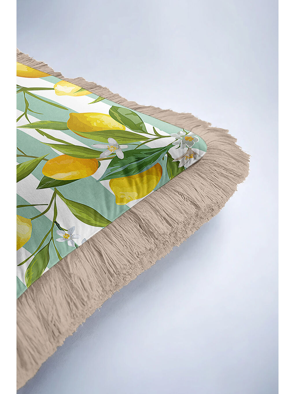 Karışık Limon Bahçesi Saçaklı Yastık Kılıfı - Akdeniz Country Yeşil Sarı Püsküllü Kırlent Kılıfı-6