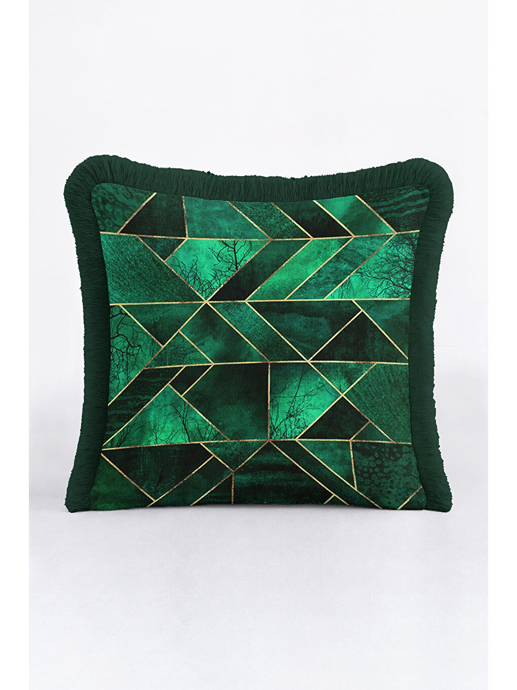 Karışık Zamansız Lüks Geometrik Saçaklı Yastık Kılıfı - Modern Zümrüt Yeşili Gold Püsküllü Kırlent Kılıfı-1