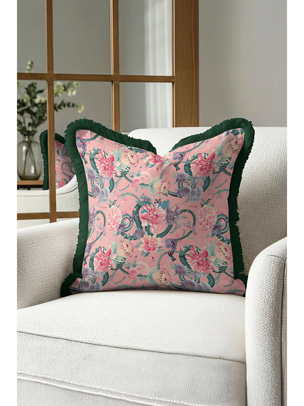 Karışık Lüks Çiçek Bahçesi Saçaklı Yastık Kılıfı - Romantik Bohem Pembe Yeşil Püsküllü Kırlent Kılıfı-1