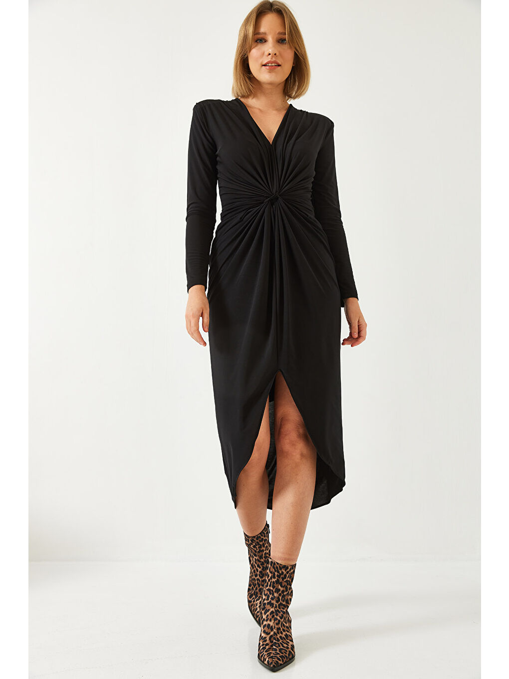 Siyah Kadın V Yaka Önü Büzgülü Candy Kumaş Elbise-2